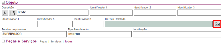 Botão à direita do campo Defeito Relatado Botão do campo Defeito Relatado