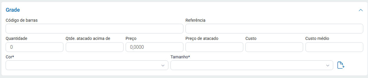 Aba Grade com tamanho, cor, código de barras, quantidade e preço Aba Grade do produto