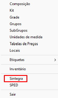 Opção Sintegra no menu Arquivo