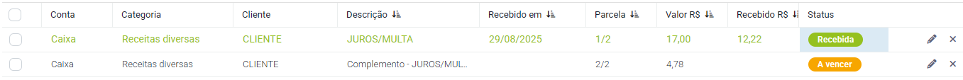 Conta complemento do recebimento parcial