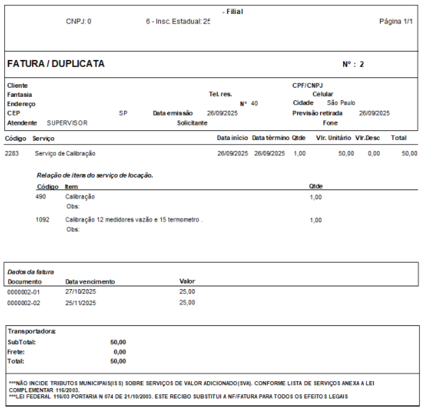 Exemplo de impressão/PDF da locação Exemplo de PDF da locação