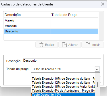 Tabela de preço atribuída à categoria