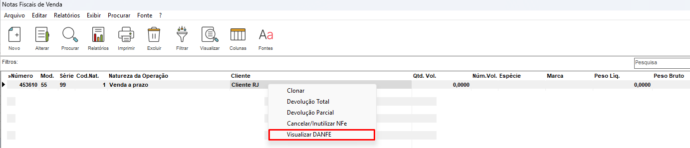 Visualizar nota de venda pelo botão direito