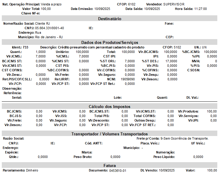 Relatório da nota de venda