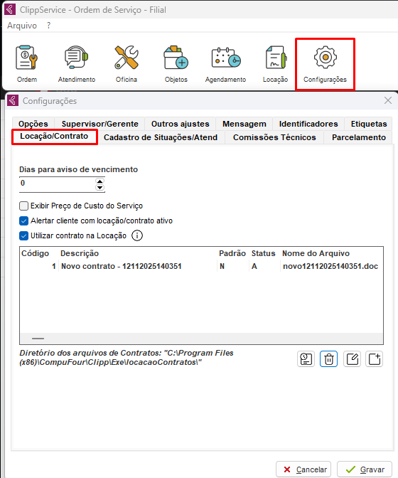 Configurações de Locação/Contrato no ClippService Configurações de Locação/Contrato