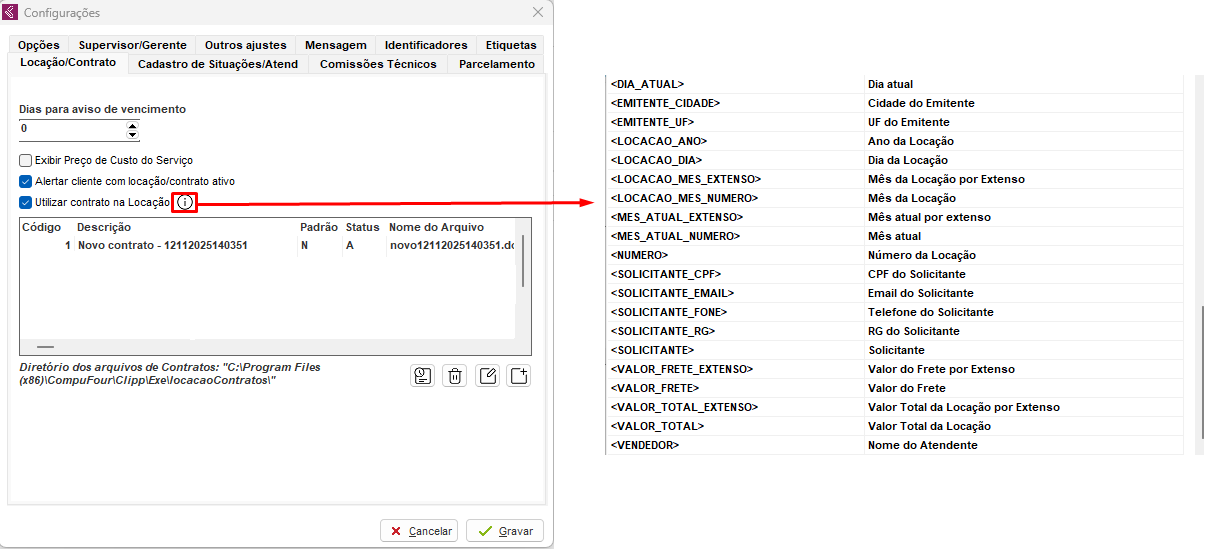 Lista de tags disponíveis para o contrato Tags disponíveis do contrato