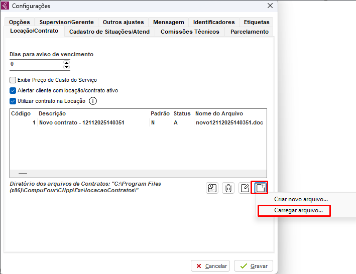 Carregamento do contrato .DOC no sistema Carregar contrato no sistema