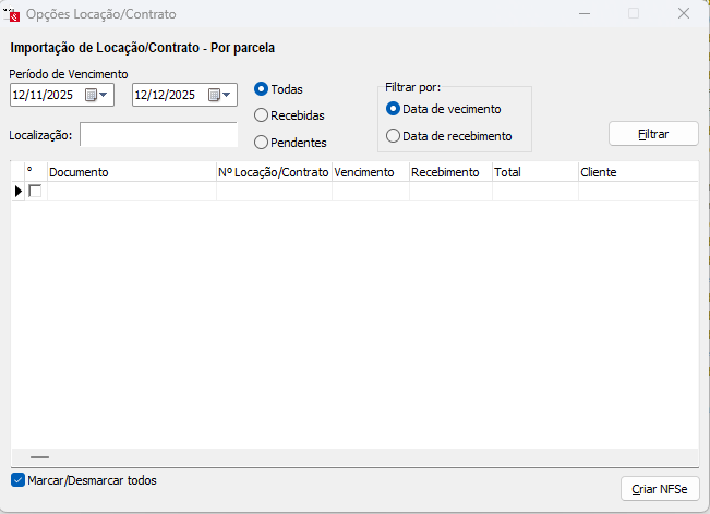 Relação de locações finalizadas disponíveis para importação Locações disponíveis para importar