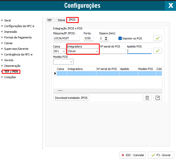 Configuração TEF/POS ZPOS