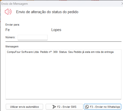 Tela de envio da mensagem com o telefone do cliente