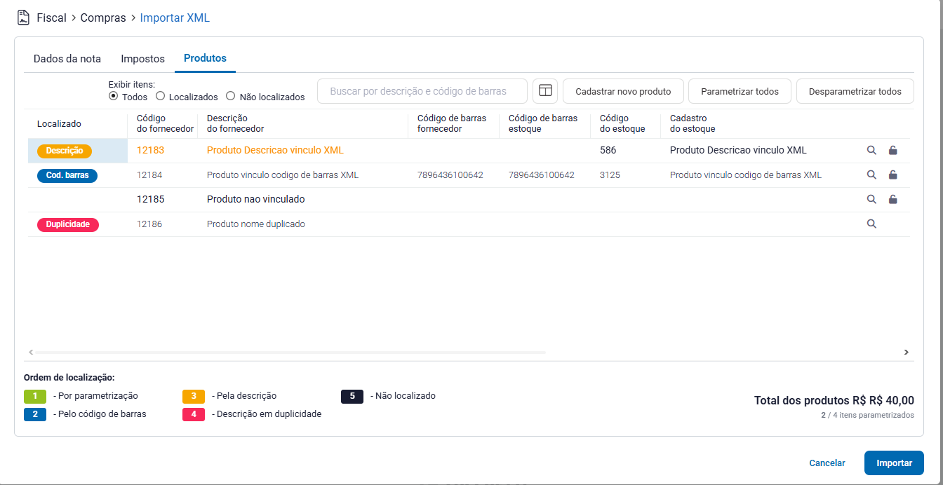 Itens importados em grid