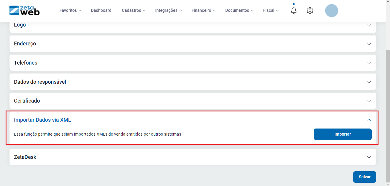Aba Importar Dados Via XML