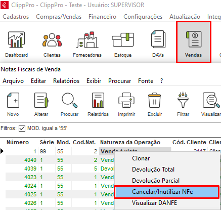 Opção Cancelar/Inutilizar NFe no menu de contexto Cancelar/Inutilizar NFe