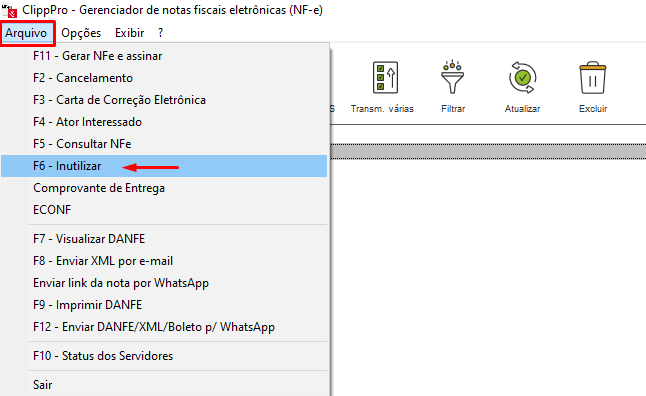 Opção F6 - Inutilizar no menu Arquivo Inutilizar pelo menu Arquivo