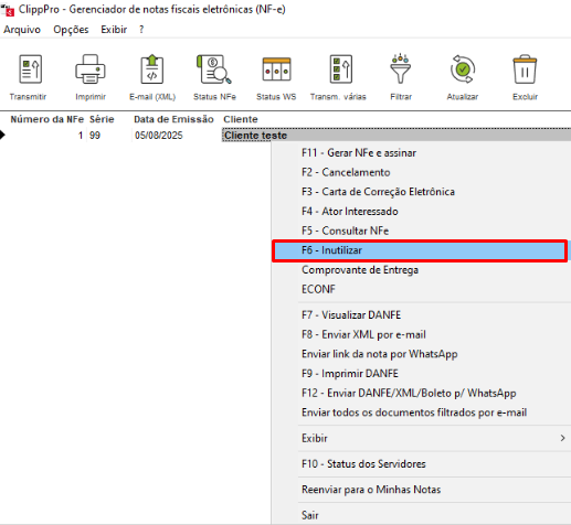 Inutilização pelo menu de contexto no Gerenciador de NF-e Inutilizar pelo Gerenciador