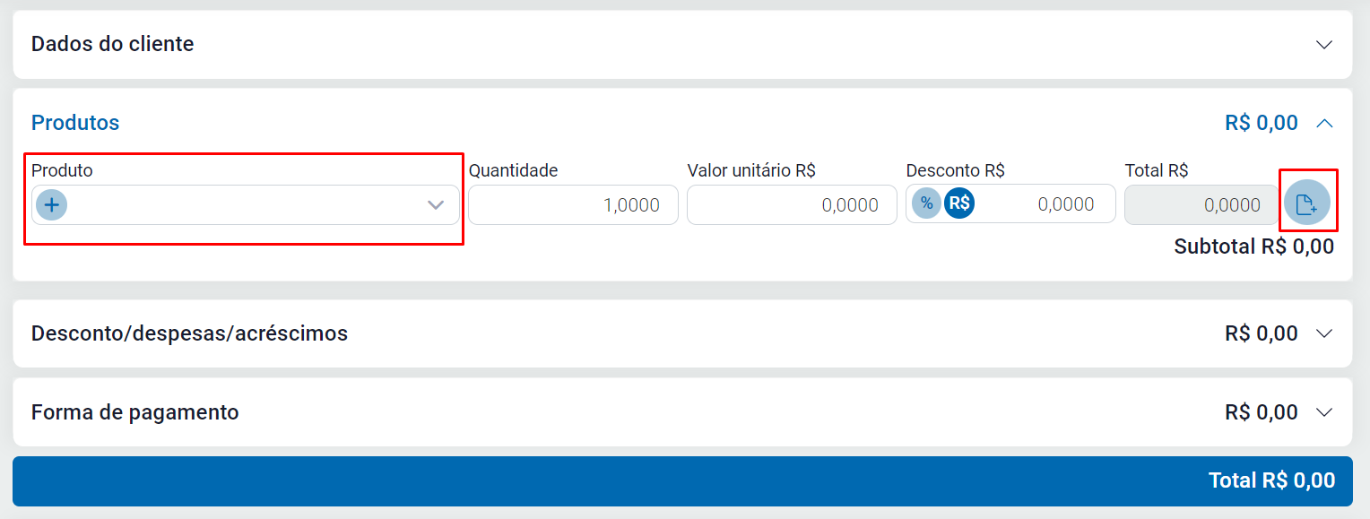 Escolha do produto na NFC-e