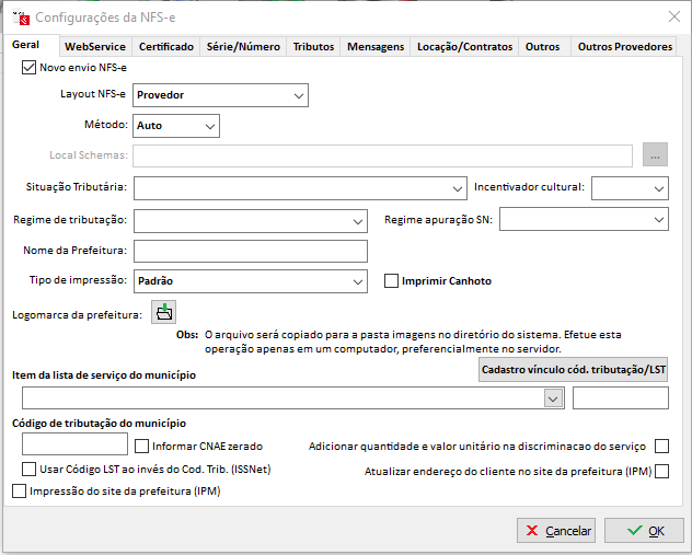 Aba Geral das configurações da NFS-e