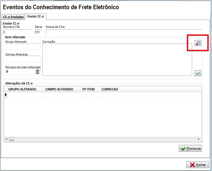 Botão de lupa para carregar o XML do CT-e na carta de correção Carregar o XML do CT-e