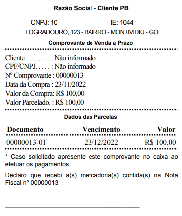 Comprovante a prazo da venda gerencial Comprovante a prazo