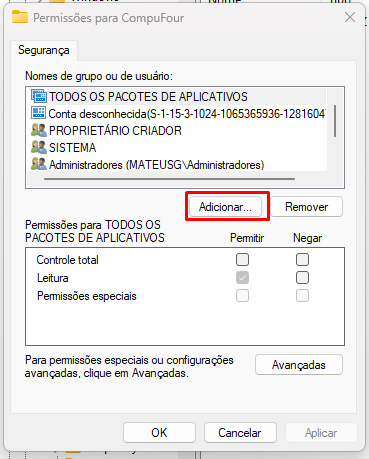 Botao Adicionar nas permissoes do registro Botao Adicionar permissoes