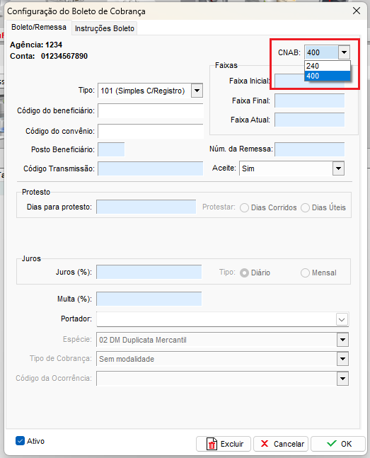 Alterar CNAB na carteira ECR