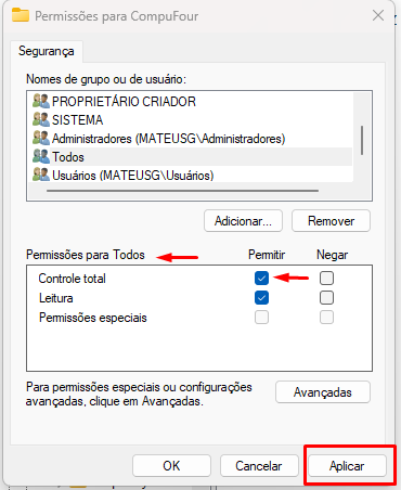 Permissoes aplicadas para o usuario Todos Permissoes aplicadas
