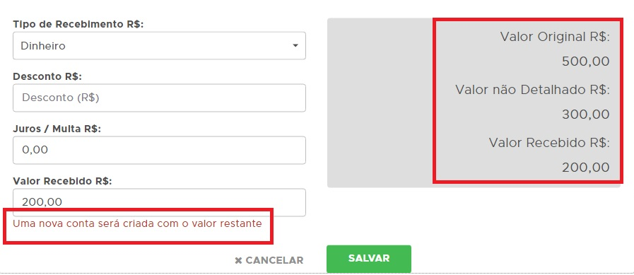 Nova conta com valor restante
