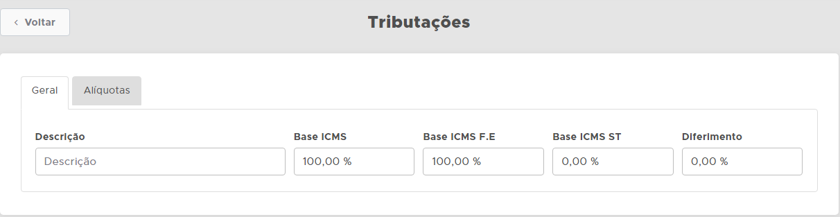Tela de cadastro da tributação Cadastro de tributação