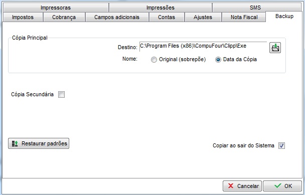 Parâmetros de Backup do Clipp Store