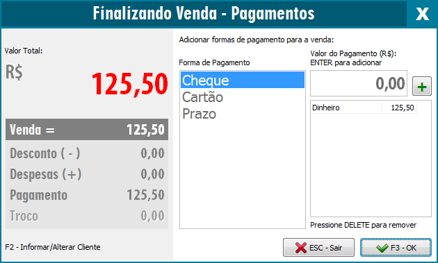 Forma de pagamento do SAT