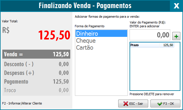 Seleção e divisão da forma de pagamento