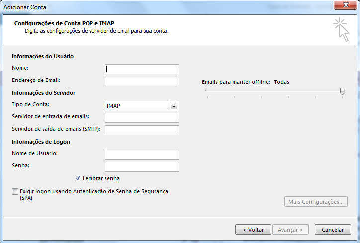 Configurações de conta POP e IMAP no Outlook