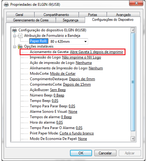 Configuração da gaveta na Elgin i7/i9