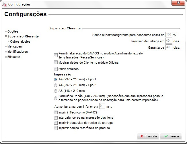 Configurações de supervisor e gerente no Clipp Service Configurações de supervisor e gerente
