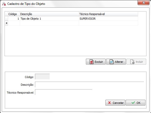 Cadastro do tipo de objeto e técnico responsável Tipo do objeto
