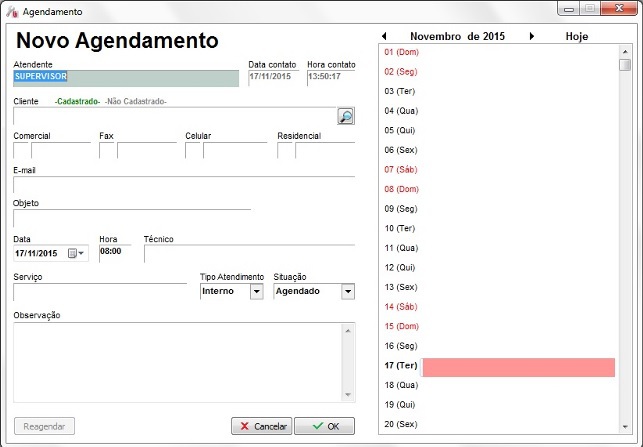 Cadastro de agendamento no Clipp Service Cadastro de agendamento