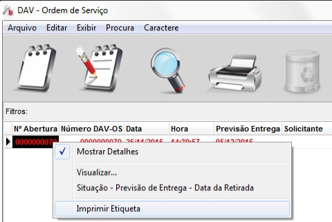 Impressão de etiqueta da Ordem de Serviço Etiqueta da OS