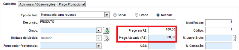Tabelas de preço do produto