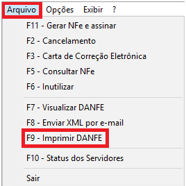 Opção Imprimir DANFE