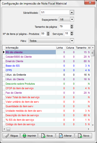 Configuração da posição dos campos