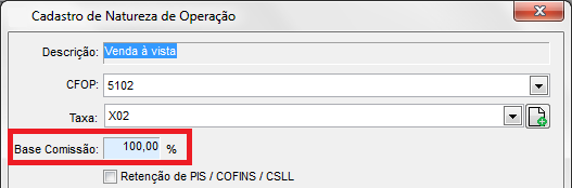 Base Comissão na Natureza de Operação