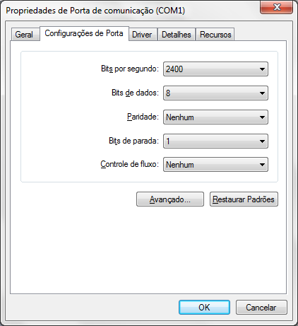 Configurações da porta COM no Gerenciador de Dispositivos