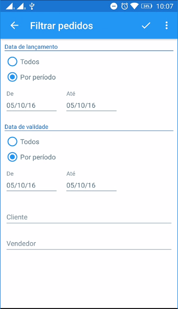 Opções de filtro de pedidos