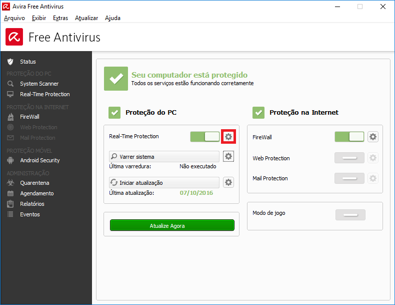Tela inicial do Avira