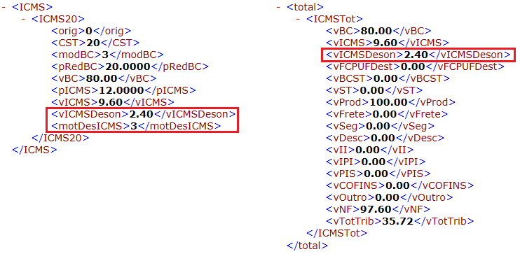 Tags de ICMS desonerado no arquivo XML da NFe Tags de desoneracao no XML