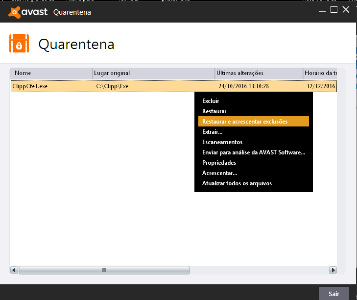 Opcao Restaurar e acrescentar exclusoes no Avast Restaurar e acrescentar exclusoes