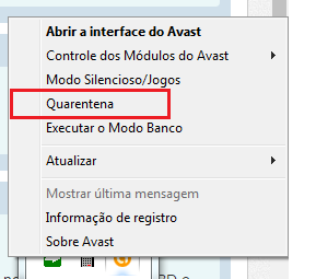 Opção Quarentena no menu do ícone do Avast Opção Quarentena do Avast