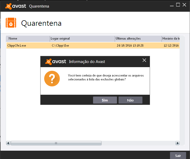 Confirmação da restauração do arquivo no Avast Confirmar restauração no Avast