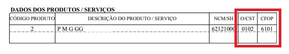 Valores de tributação na nota