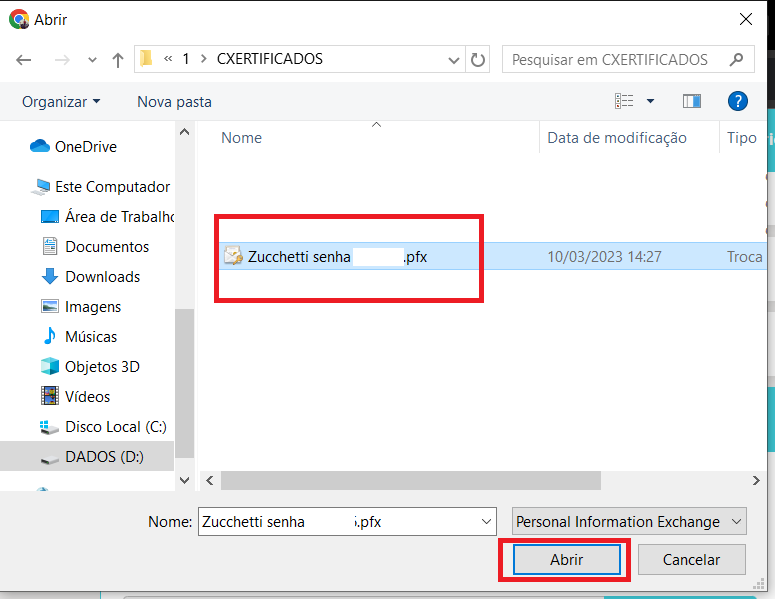 Seleção do arquivo do certificado